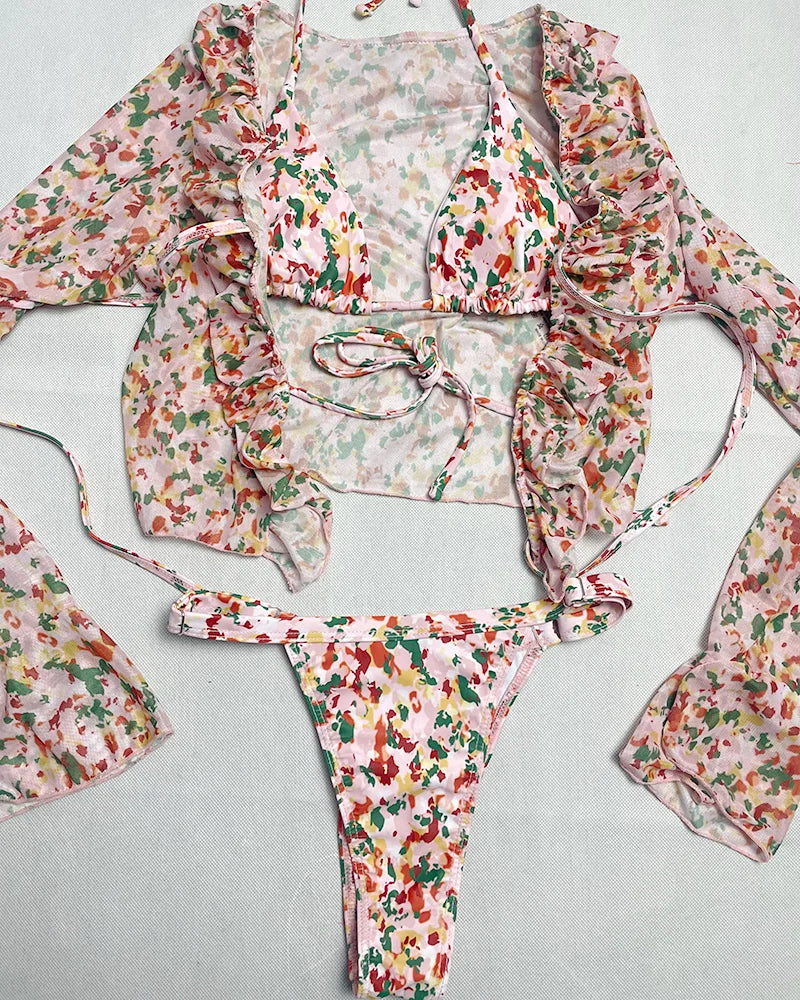 Slyvora Çiçekli İpli Bikini Üç Parça Takım